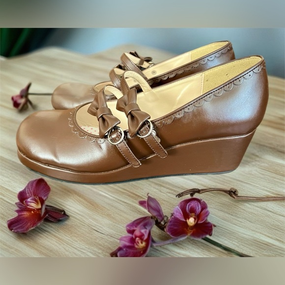 Body Line Japan Size 27 Brown Mary Jane Shoes w/ Double Straps & Bows - Picture 2 of 14